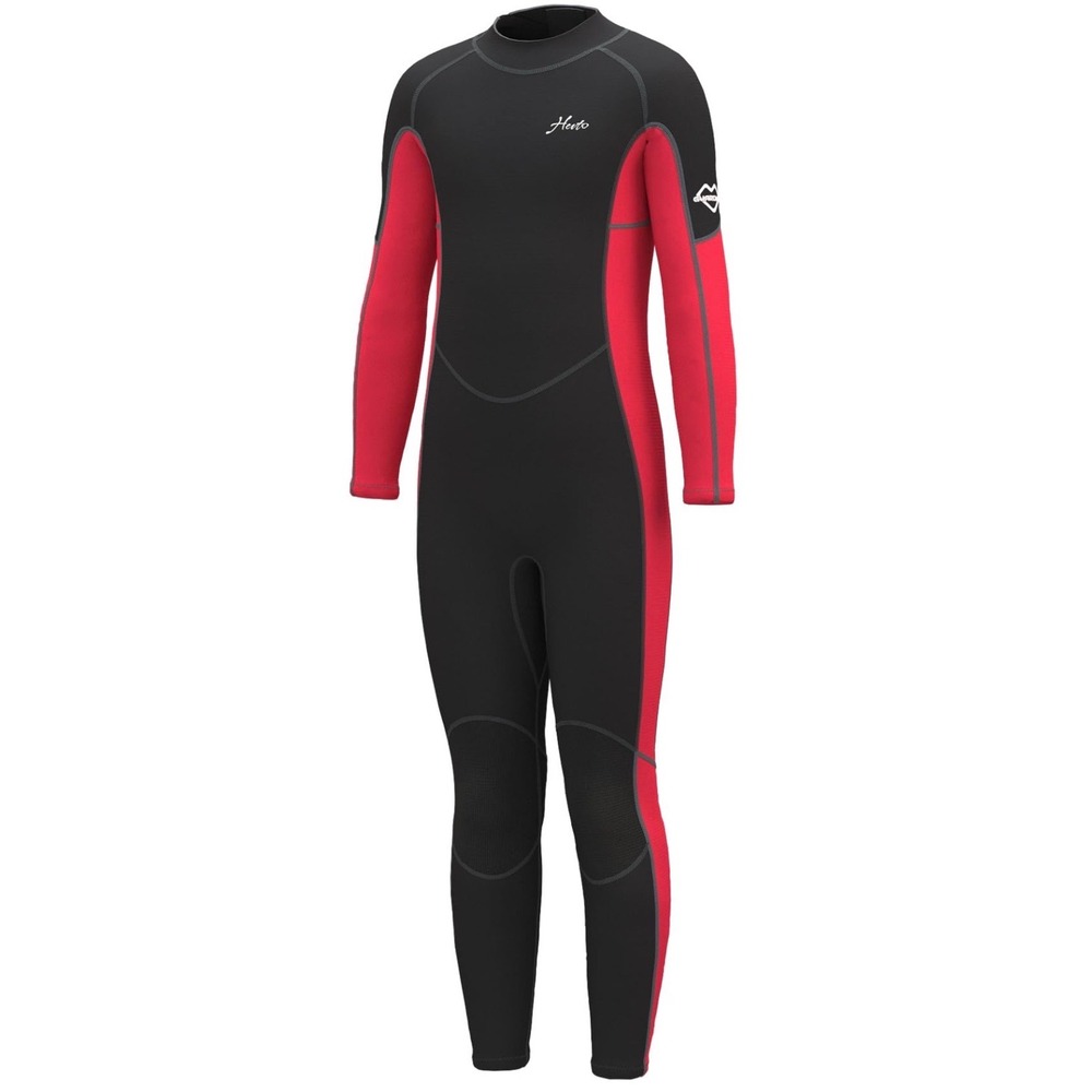 Hevto Wetsuit Kids Size 10 Black Red Excellent 3/2mm Neoprene Back Zip Full Body